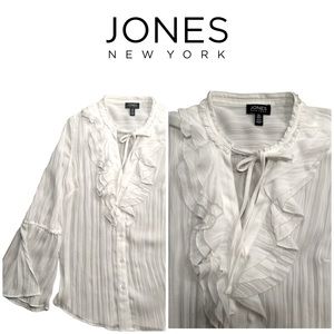 Jones New York SHEER White Pinstripe BELL Sleeve Button Up Ruffle Neckline w/Tie